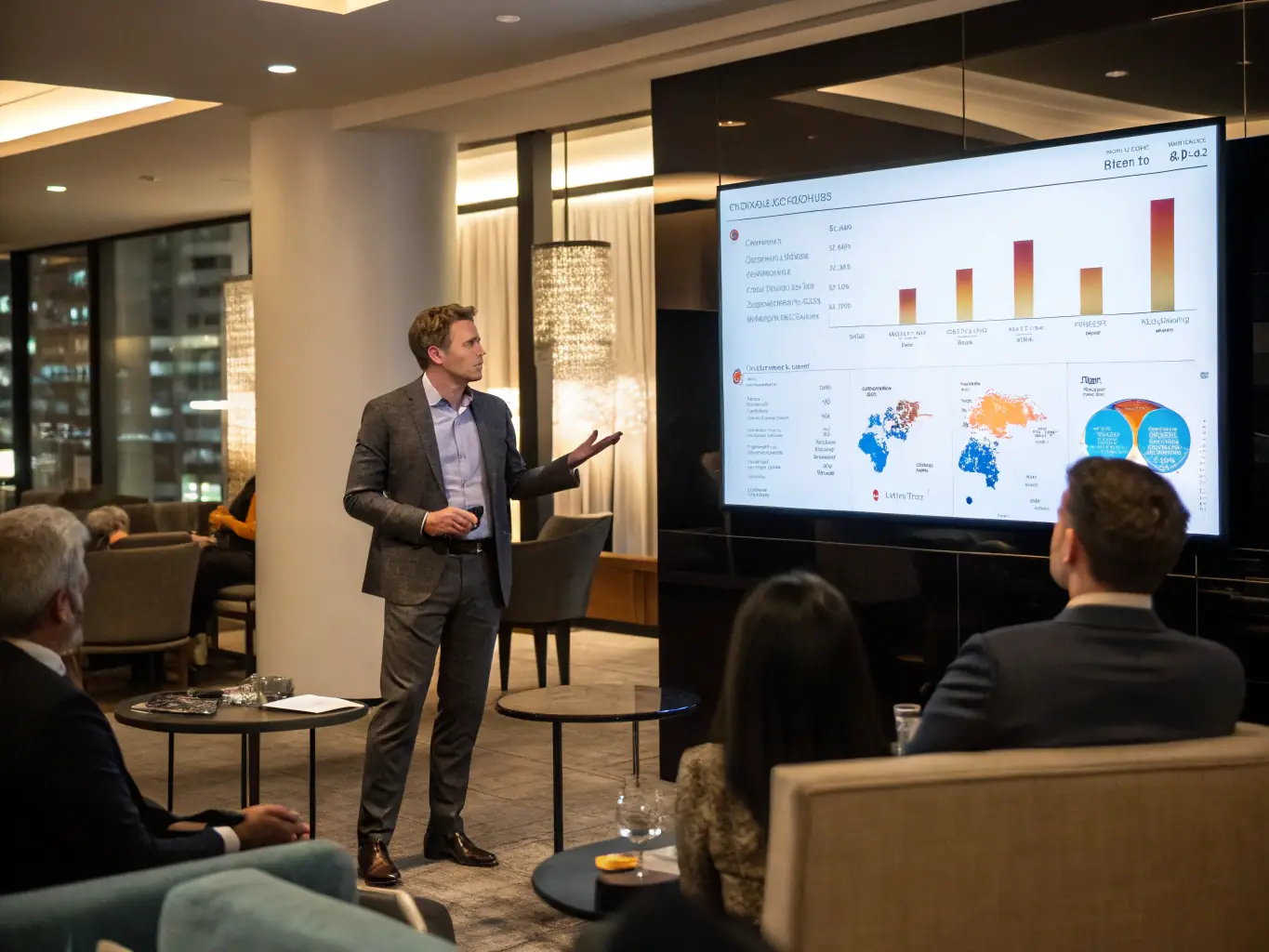 A consultant is presenting a marketing strategy to a client in a modern office setting, with charts and data visualizations displayed on a large screen.