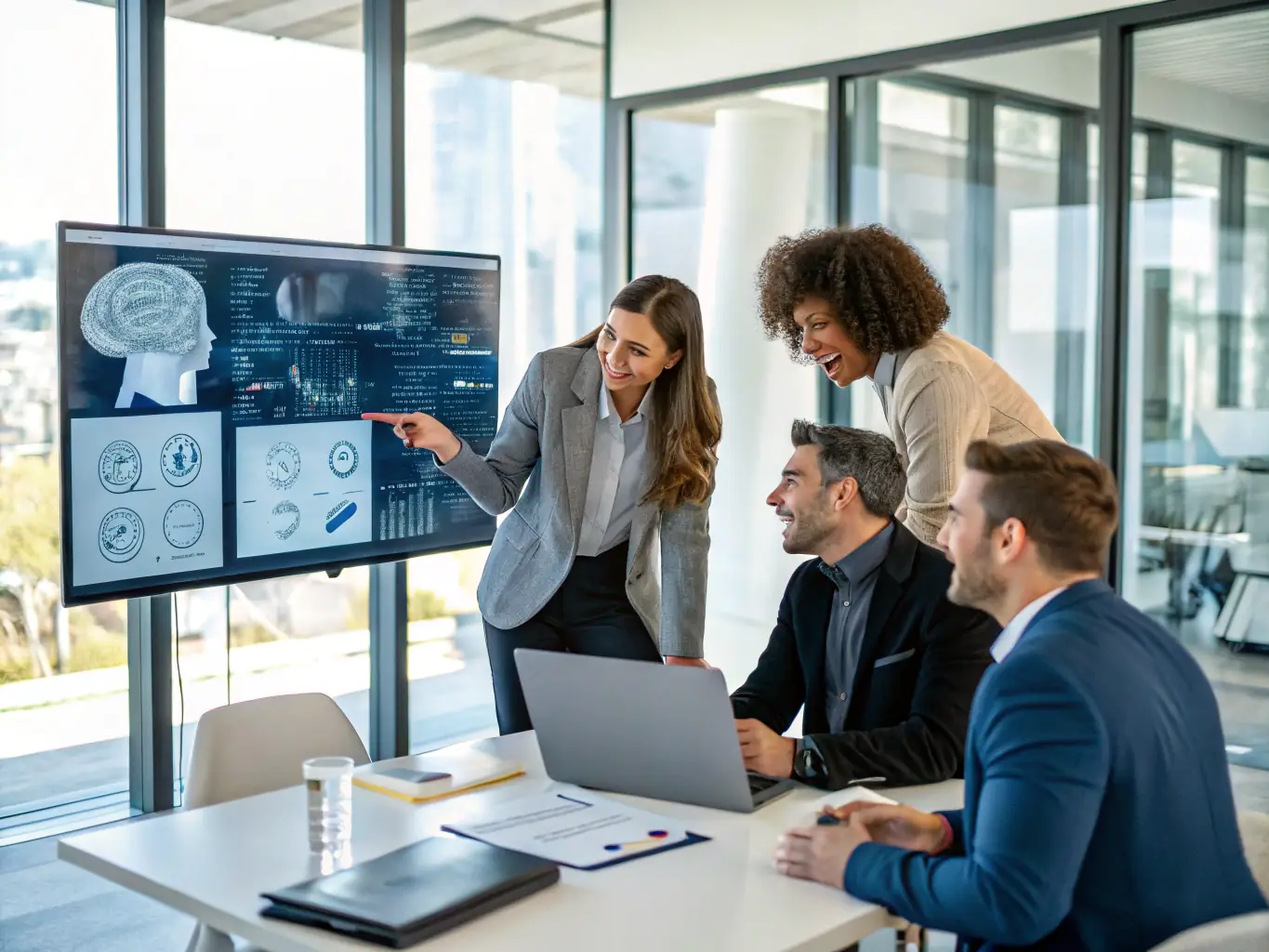 A modern office environment with professionals collaborating around digital screens displaying interconnected AI workflow diagrams, symbolizing seamless automation of business processes.