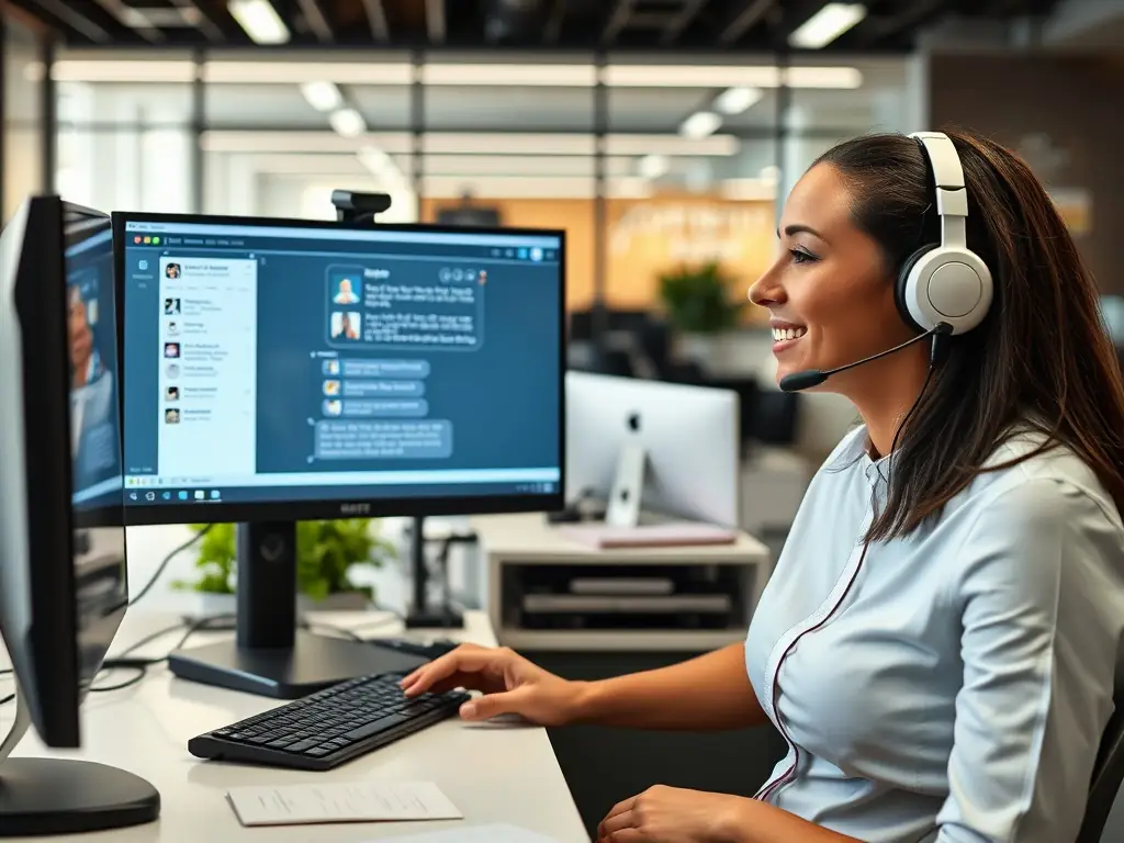 A customer support agent interacting with a friendly AI chatbot on a laptop, with chat bubbles and digital icons representing instant, automated responses and enhanced customer experience.