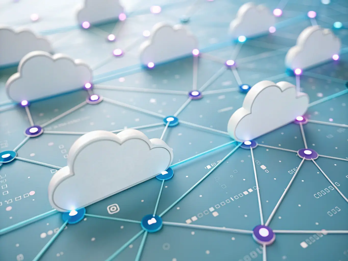 A futuristic scene of a scalable cloud infrastructure with digital nodes expanding, representing the effortless scaling of AI automation as a business grows.