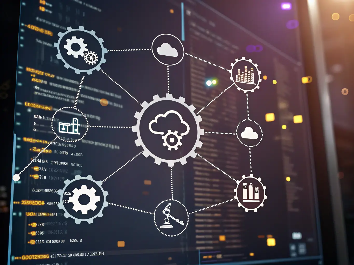 A vibrant, modern illustration of interconnected AI bots and digital gears, symbolizing intelligent automation working seamlessly across multiple business platforms, set against a dynamic blue and green tech-inspired background.
