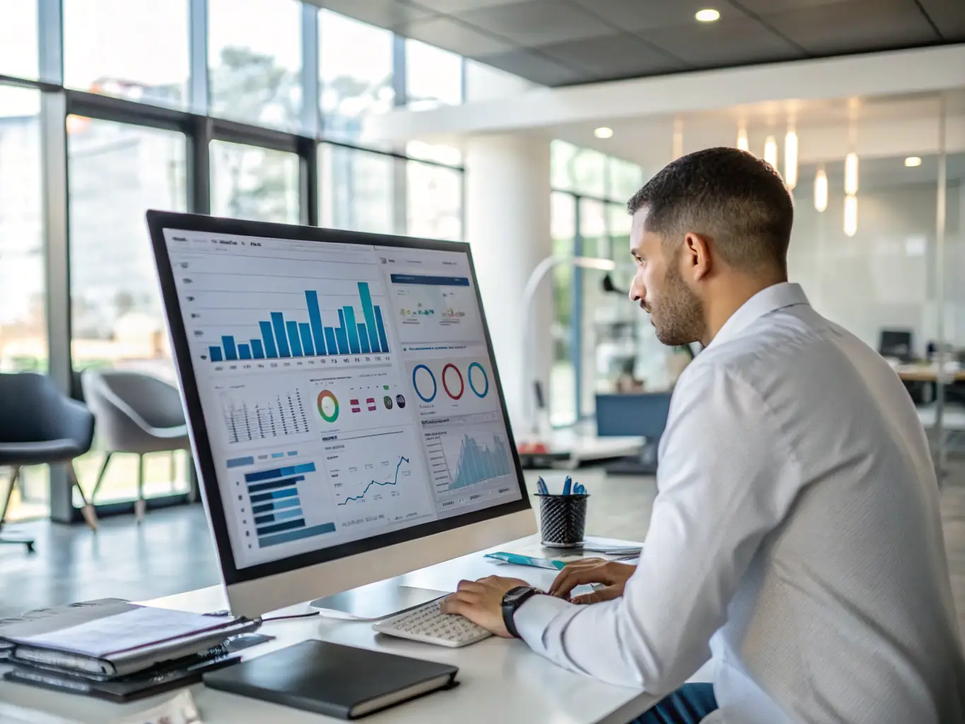 A business analyst reviewing dynamic dashboards with real-time financial data visualizations, surrounded by AI icons and automation elements, illustrating automated data analysis and reporting.