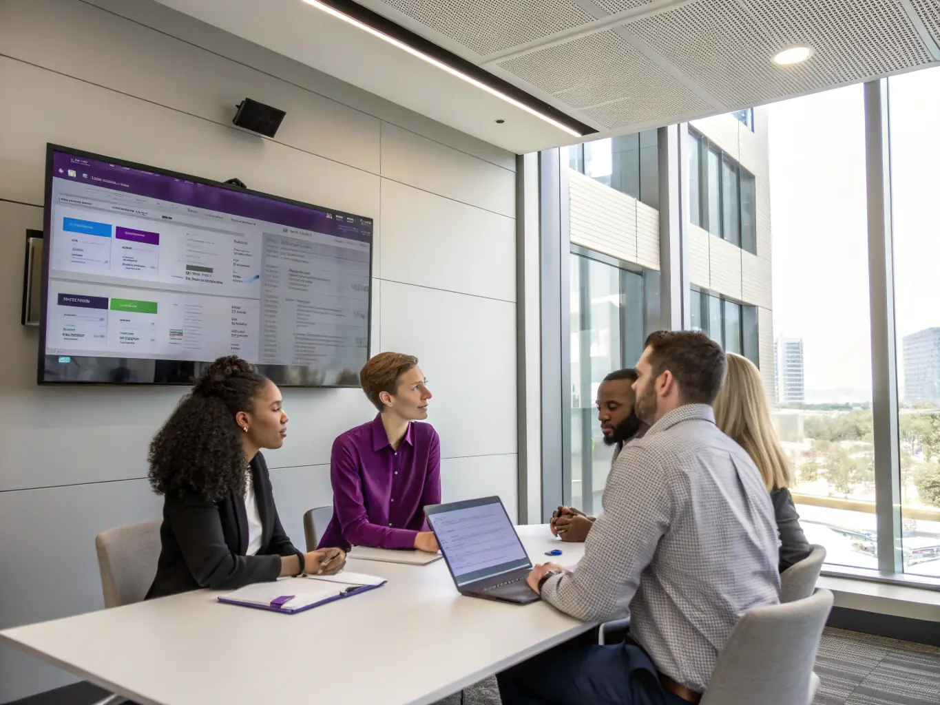 A modern office environment with professionals collaborating around a large digital screen displaying interconnected AI workflow diagrams, symbolizing streamlined business processes and teamwork.